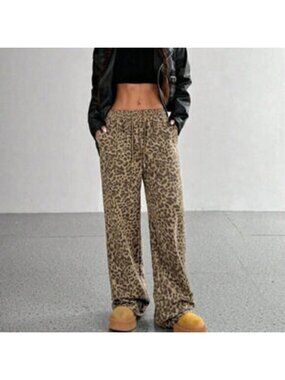 Khaki Casual Women's Leopard Print Loose Wide Leg Palazzo Pants
